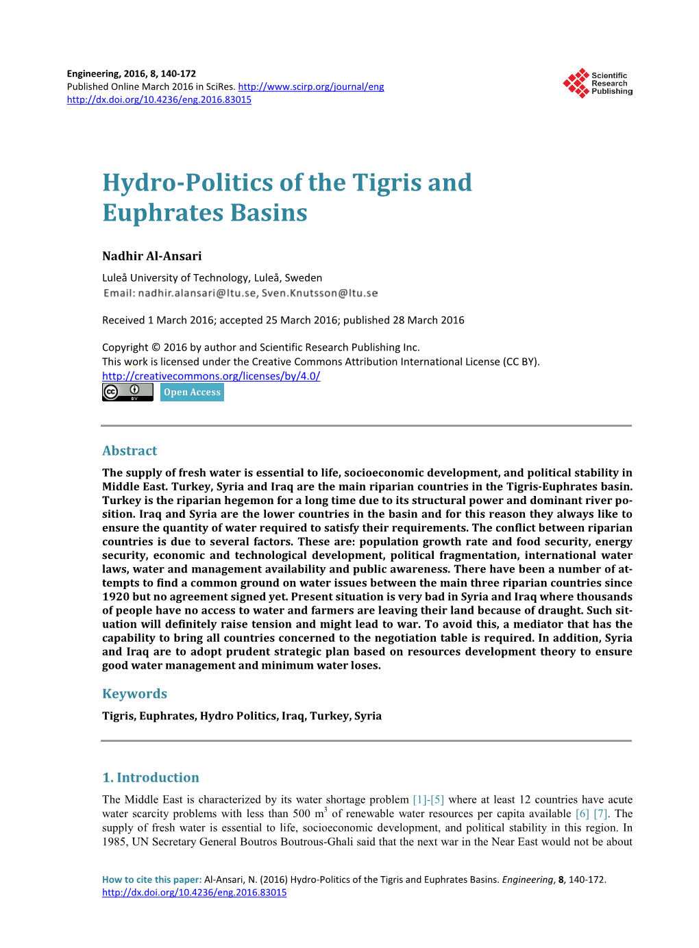 Hydro-Politics of the Tigris and Euphrates Basins