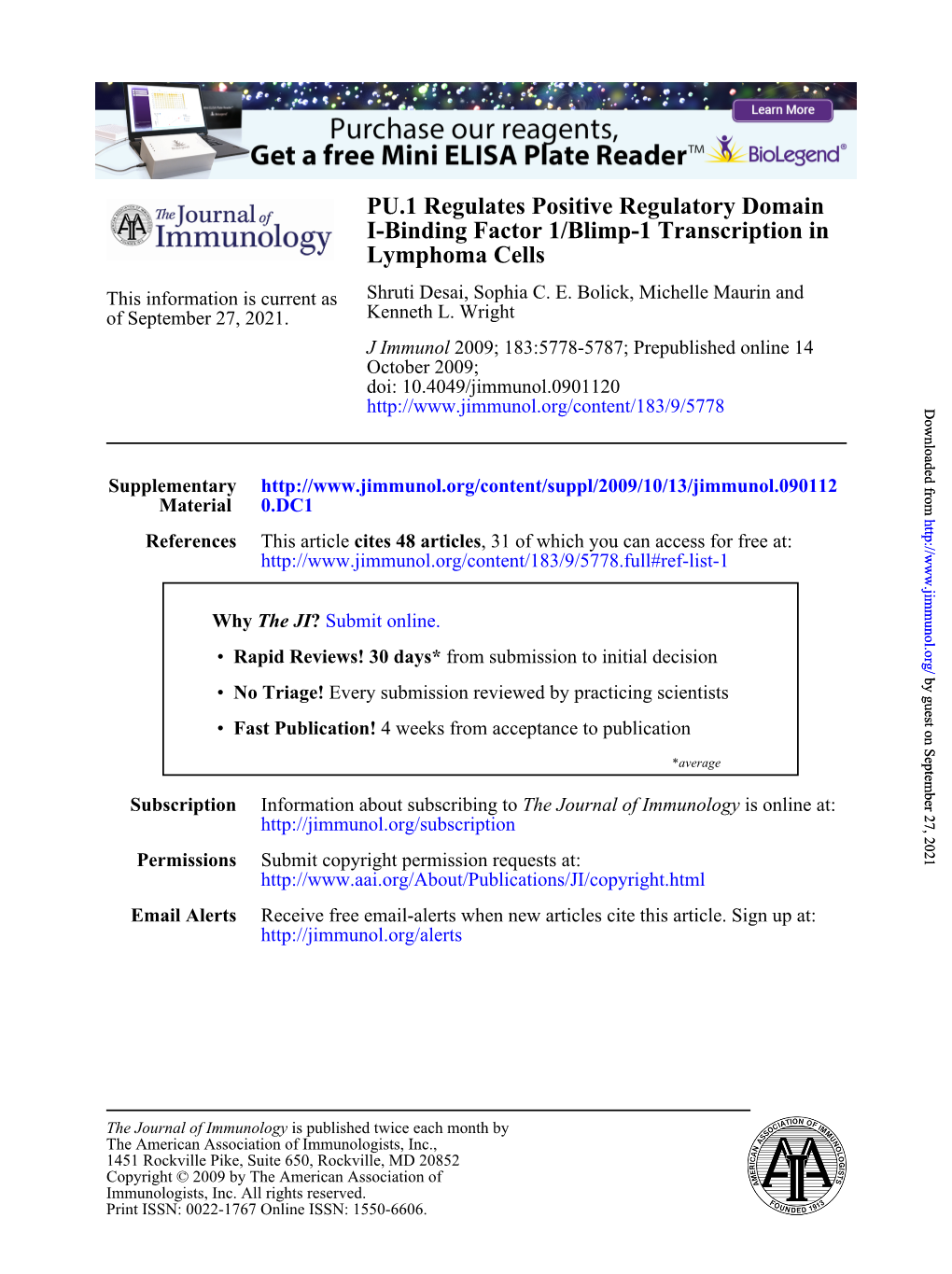 Lymphoma Cells I-Binding Factor 1/Blimp-1 Transcription in PU.1