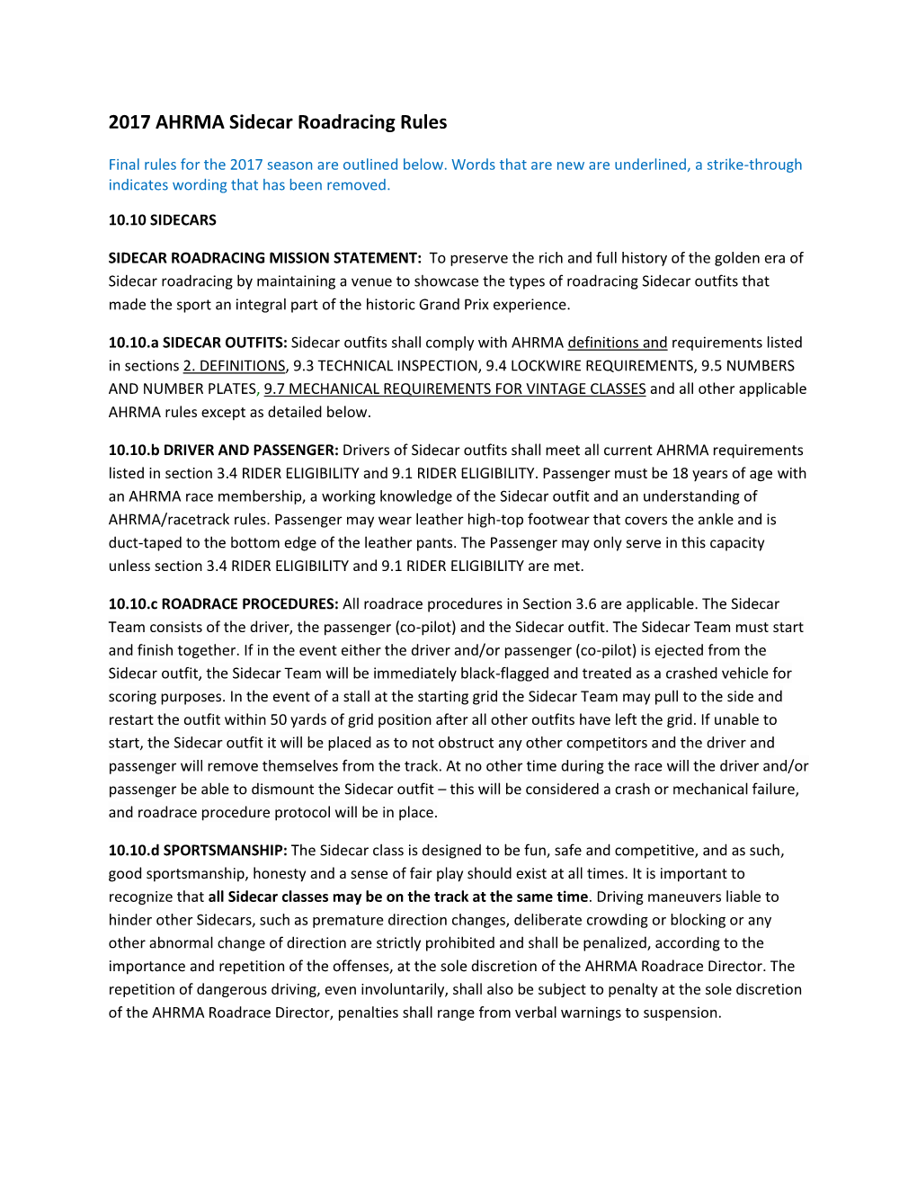 2017 AHRMA Sidecar Roadracing Rules