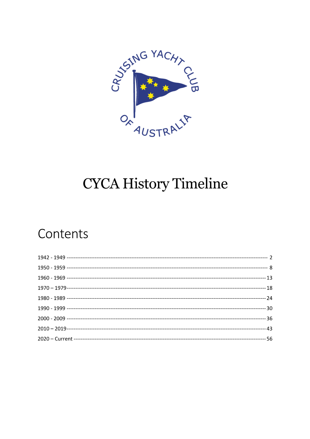 CYCA History Timeline Contents