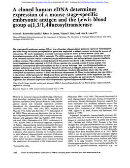 A Cloned Human Cdna Determines Expression of a Mouse Stage-Specific Embryonic Antigen and the Lewis Blood Group (1,3/1,4)-Fucosyltransferase