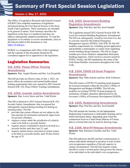Summary of First Special Session Legislation