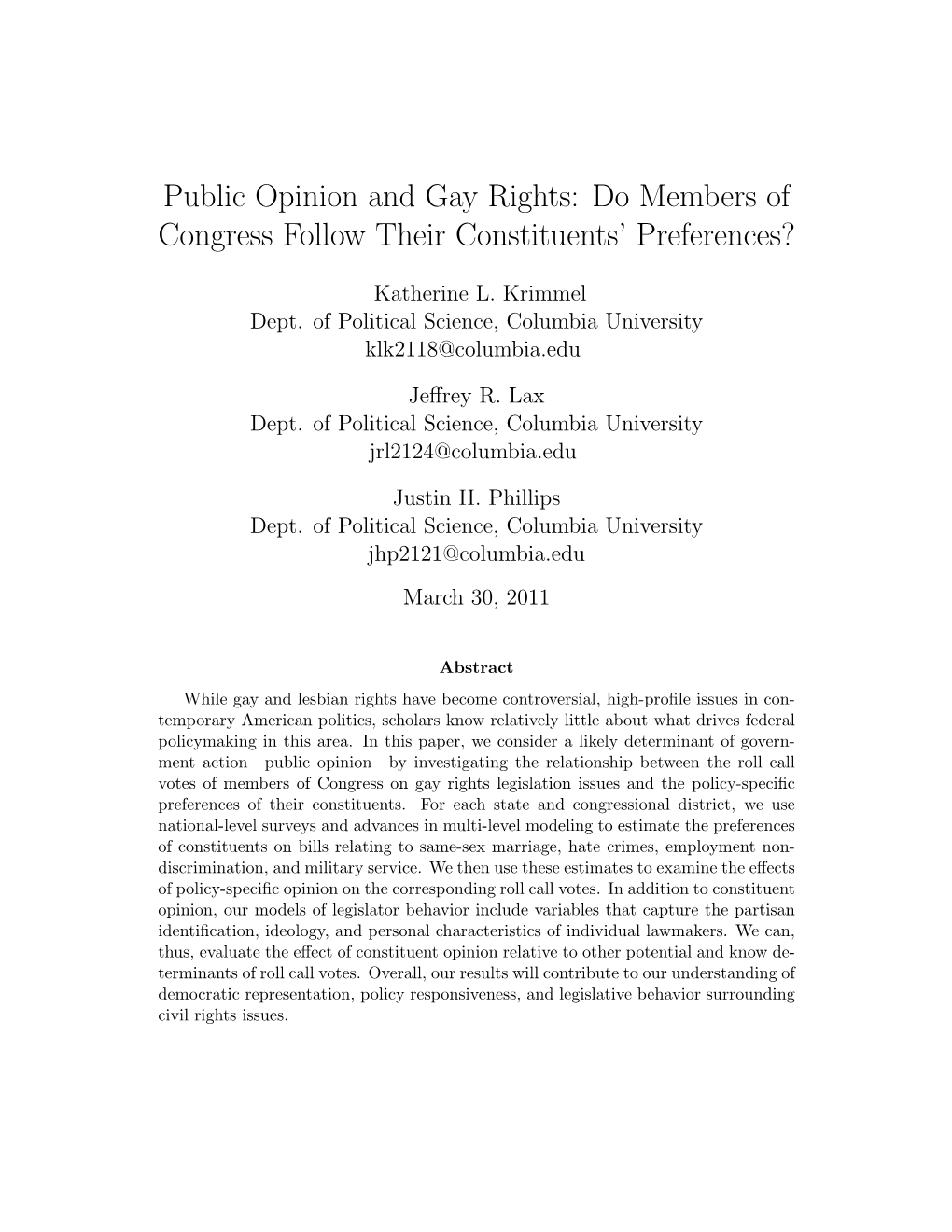 Public Opinion and Gay Rights: Do Members of Congress Follow Their Constituents’ Preferences?