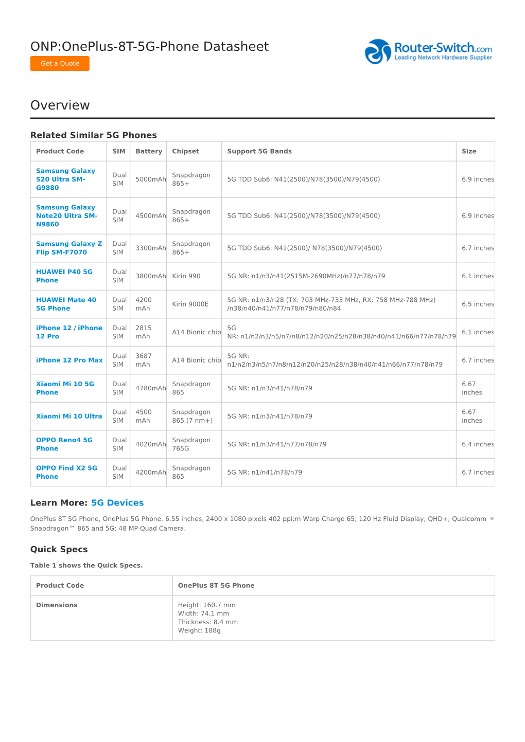 ONP:Oneplus-8T-5G-Phone Datasheet Overview