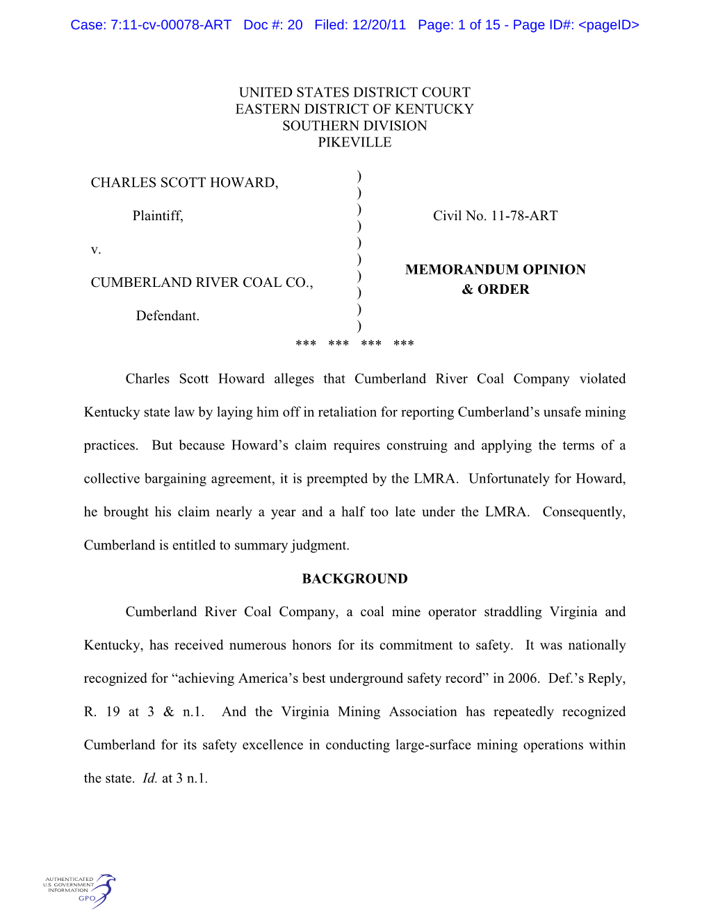 United States District Court Eastern District of Kentucky Southern Division Pikeville