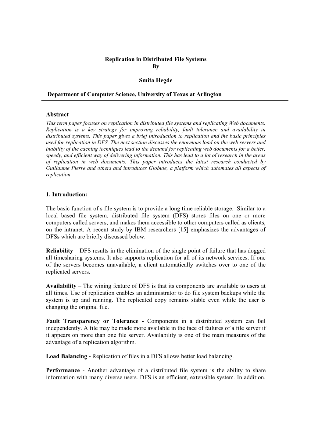 Replication in Distributed File Systems by Smita Hegde Department Of