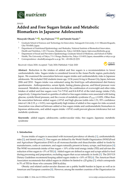 Added and Free Sugars Intake and Metabolic Biomarkers in Japanese Adolescents