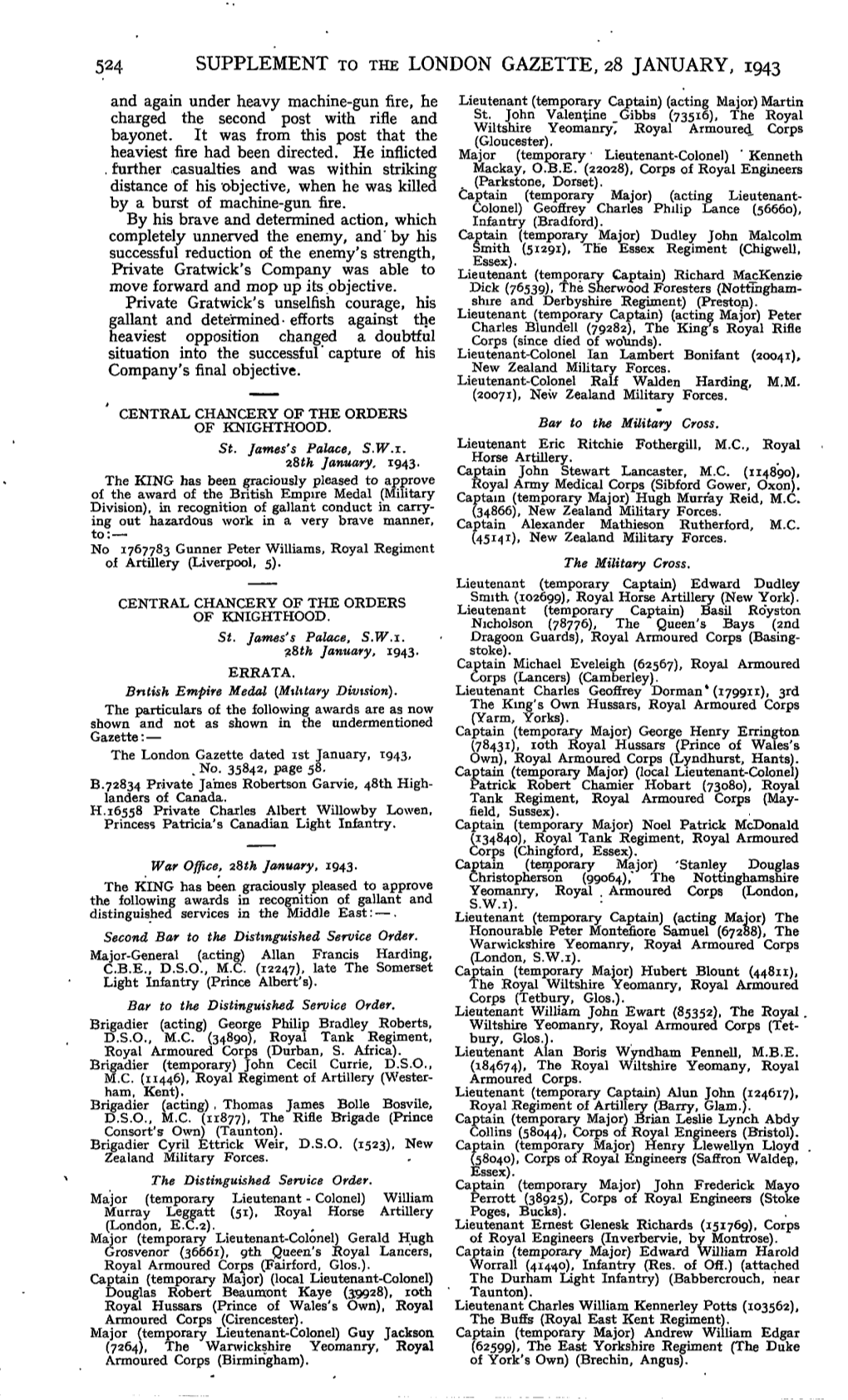 524 Supplement to the London Gazette, 28 January, 1943