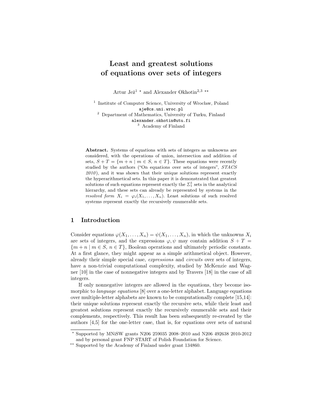 Least and Greatest Solutions of Equations Over Sets of Integers