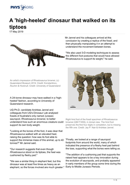 A 'High-Heeled' Dinosaur That Walked on Its Tiptoes 17 May 2019
