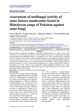 Assessment of Antifungal Activity of Some Boletes Mushrooms Found in Himalayan Range of Pakistan Against Some Fungi