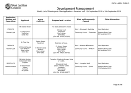 Development Management Weekly List of Planning and Other Applications - Received from 12Th September 2019 to 18Th September 2019