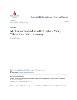 Muslim Women Leaders in the Ferghana Valley: Whose Leadership Is It Anyway? Svetlana Peshkova