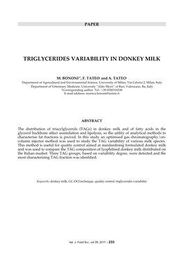 Triglycerides Variability in Donkey Milk