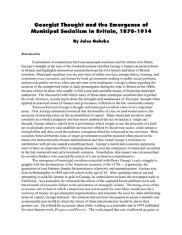 Georgist Thought and the Emergence of Municipal Socialism in Britain, 1870-1914