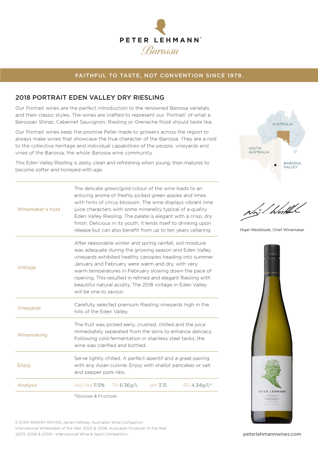 2018 PORTRAIT EDEN VALLEY DRY RIESLING Our Portrait Wines Are the Perfect Introduction to the Renowned Barossa Varietals and Their Classic Styles