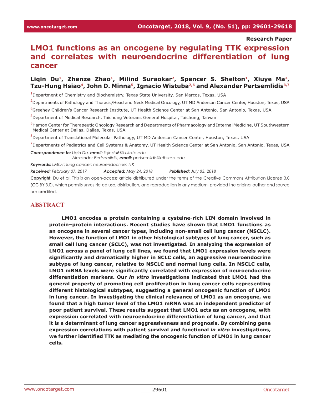 LMO1 Functions As an Oncogene by Regulating TTK Expression and Correlates with Neuroendocrine Differentiation of Lung Cancer