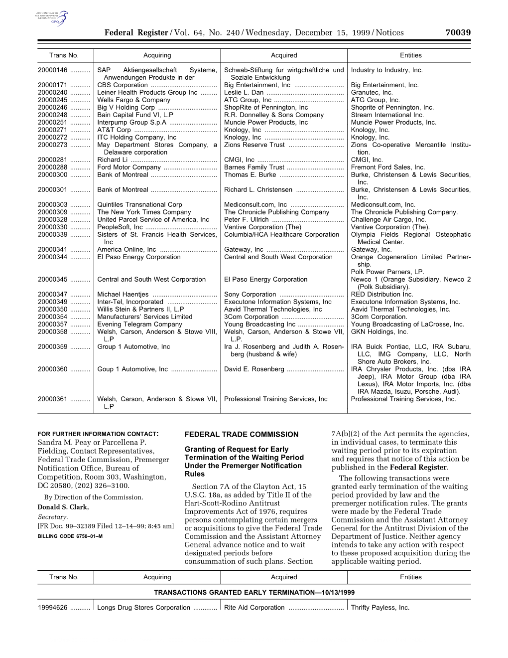 Federal Register/Vol. 64, No. 240/Wednesday, December 15