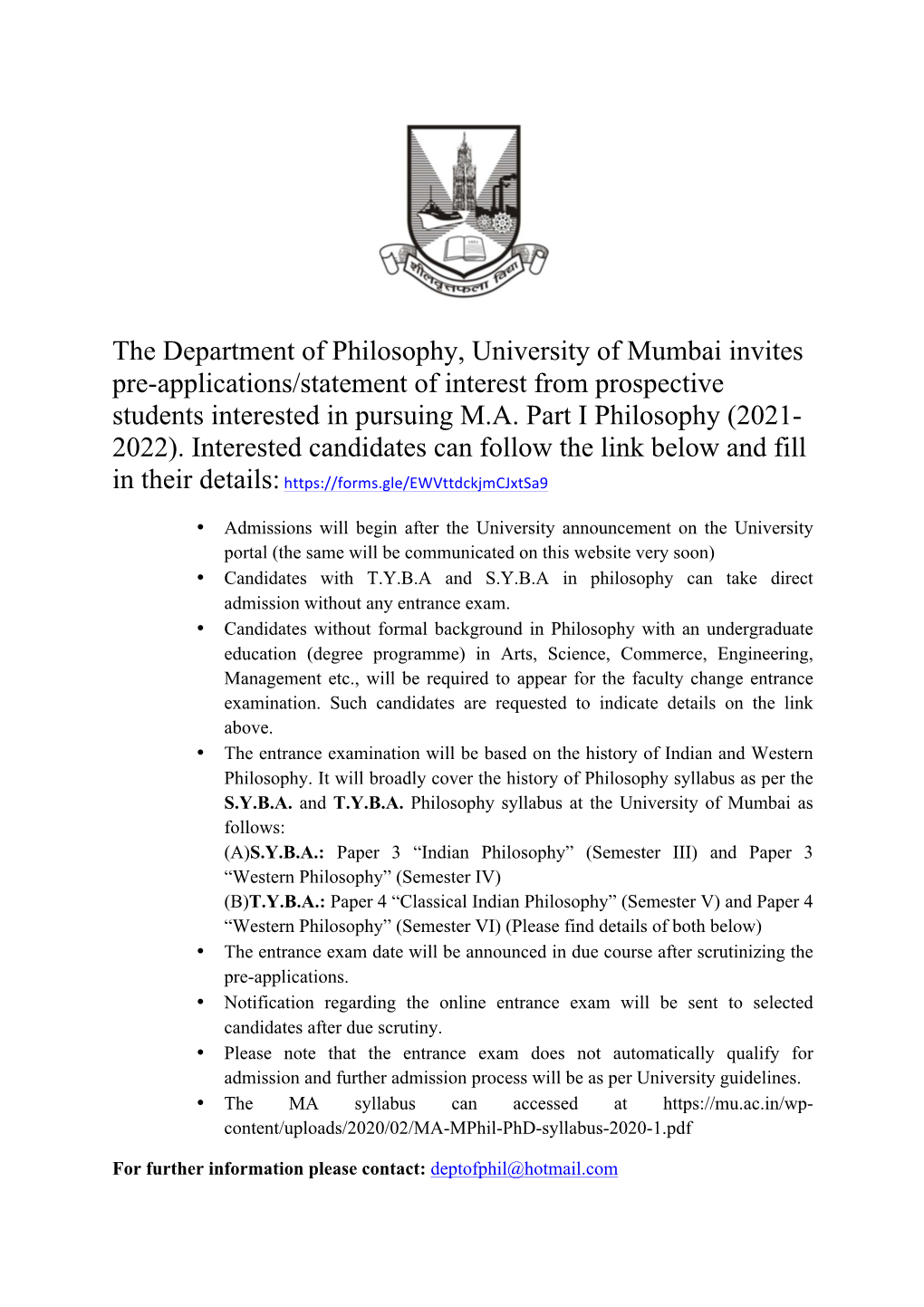 M.A. Philosophy Pre-Application 2021-22