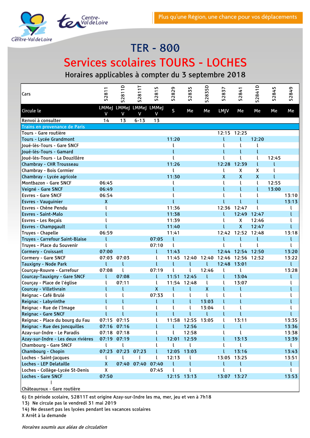 LOCHES Horaires Applicables À Compter Du 3 Septembre 2018