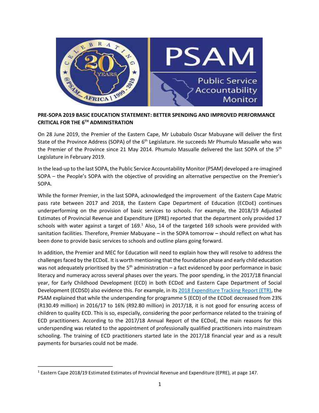 Education Pre-SOPA Statement 27 June 2019