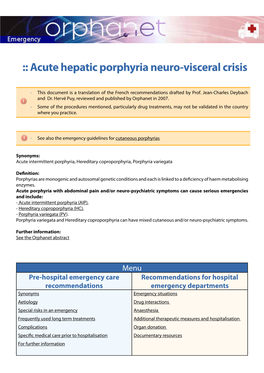 Acute Hepatic Porphyria Neuro-Visceral Crisis