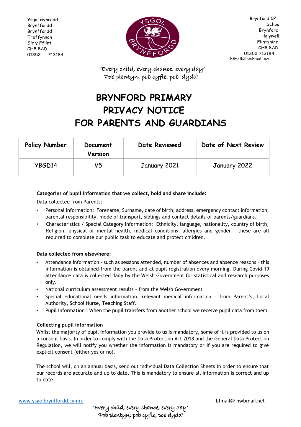 Brynford Primary Privacy Notice for Parents and Guardians