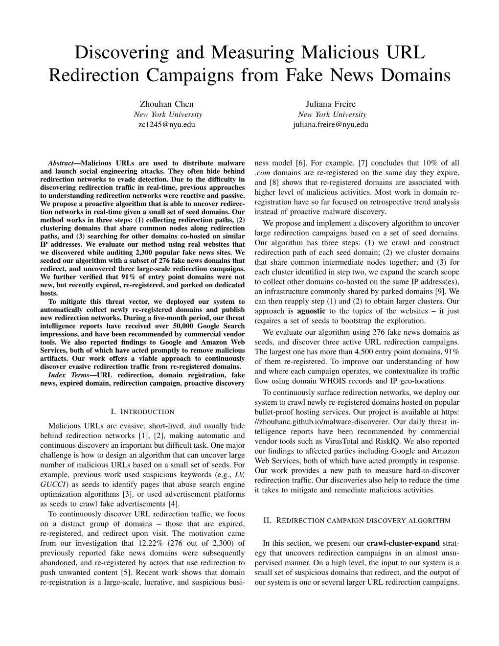 Discovering and Measuring Malicious URL Redirection Campaigns from Fake News Domains