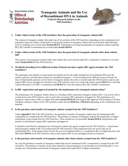 Transgenic Animals and the Use of Recombinant DNA in Animals Faqs for Research Subject to the NIH Guidelines