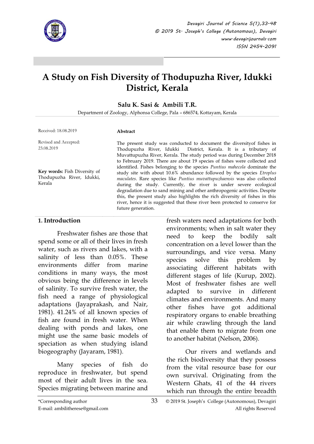 A Study on Fish Diversity of Thodupuzha River, Idukki District, Kerala