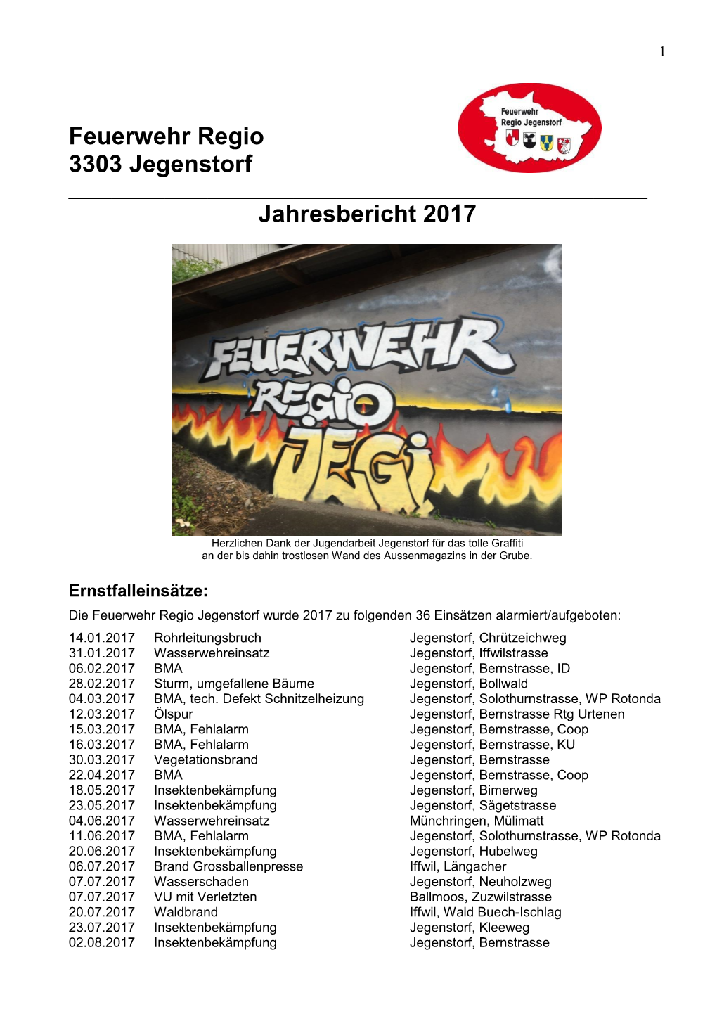 Feuerwehr Regio 3303 Jegenstorf Jahresbericht 2017