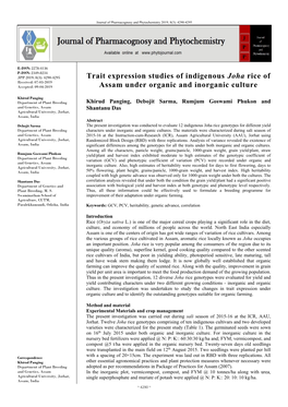 Trait Expression Studies of Indigenous Joha Rice of Assam Under Organic