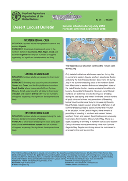 Desert Locust Bulletin Forecast Until Mid-September 2018