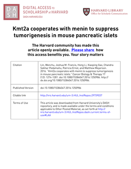Kmt2a Cooperates with Menin to Suppress Tumorigenesis in Mouse Pancreatic Islets