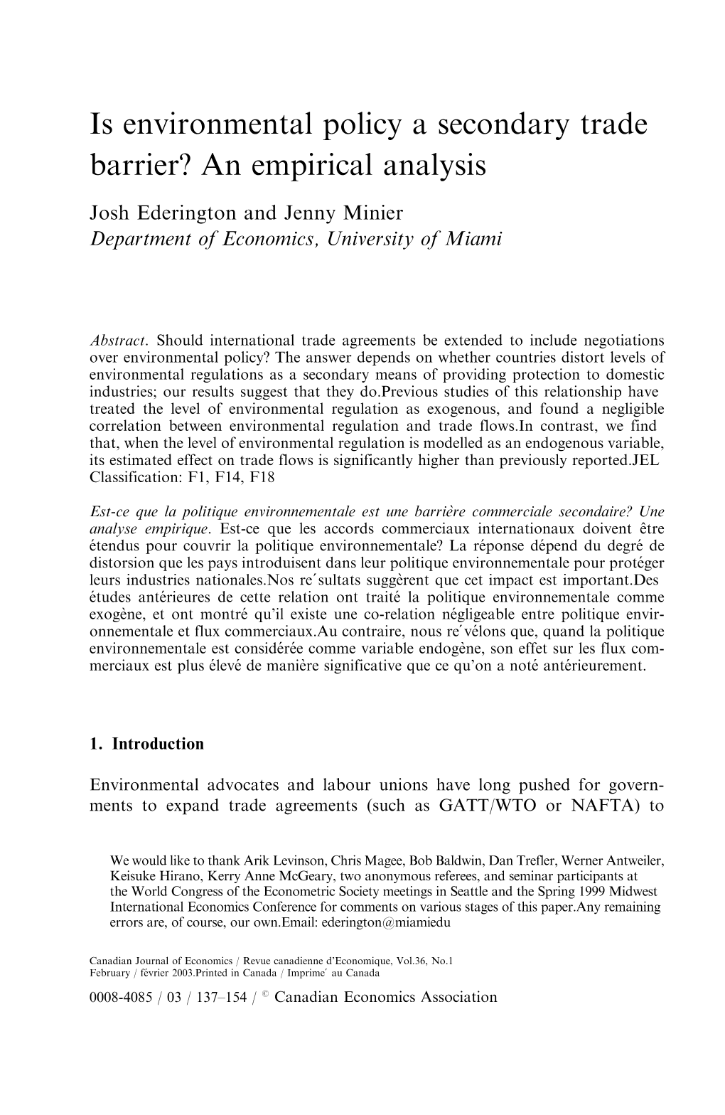 Is Environmental Policy a Secondary Trade Barrier an Empirical Analysis J