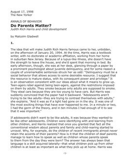 Do Parents Matter? Judith Rich Harris and Child Development by Malcolm Gladwell