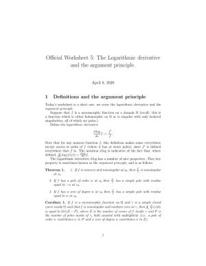 Official Worksheet 5: the Logarithmic Derivative and the Argument Principle