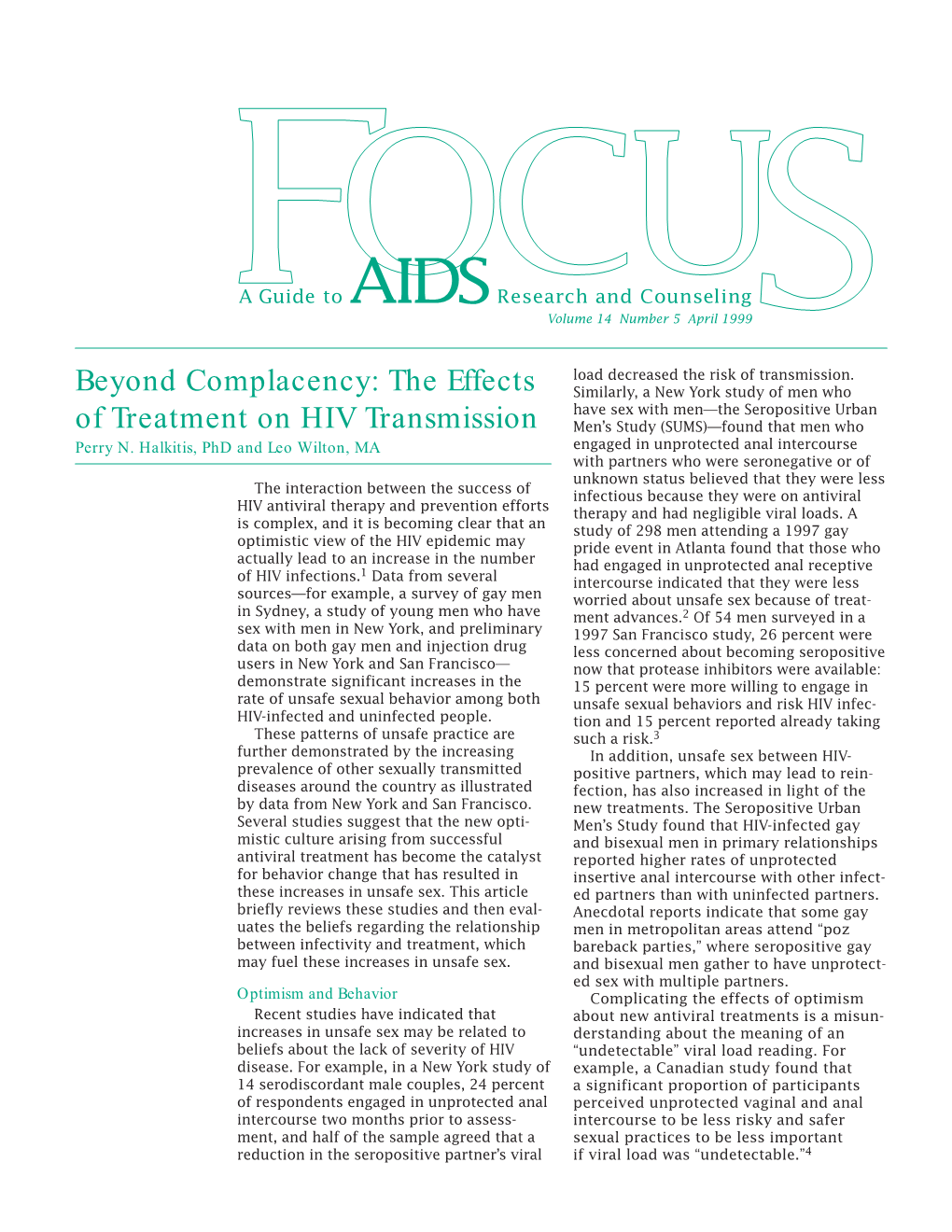 FOCUS Apr-99 HIV Treatment and HIV Transmission