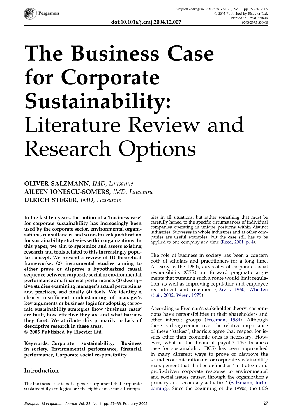 The Business Case for Corporate Sustainability: Literature Review and Research Options