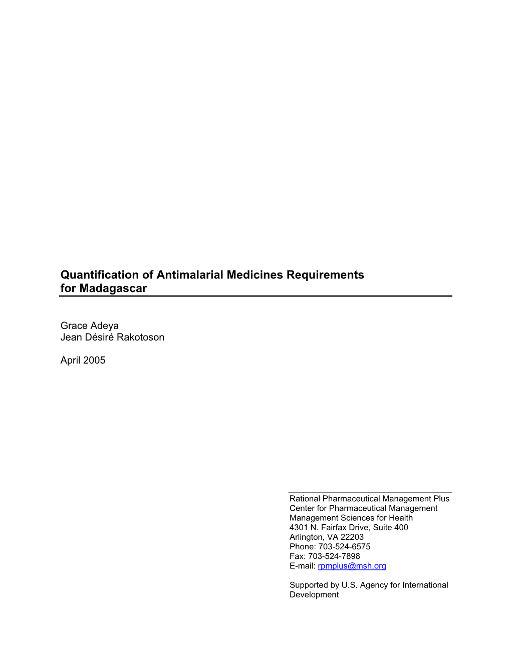 Quantification of Antimalarial Medicines Requirements for Madagascar