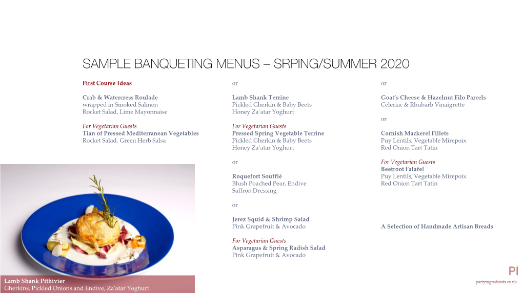 Sample Banqueting Menus – Srping/Summer 2020