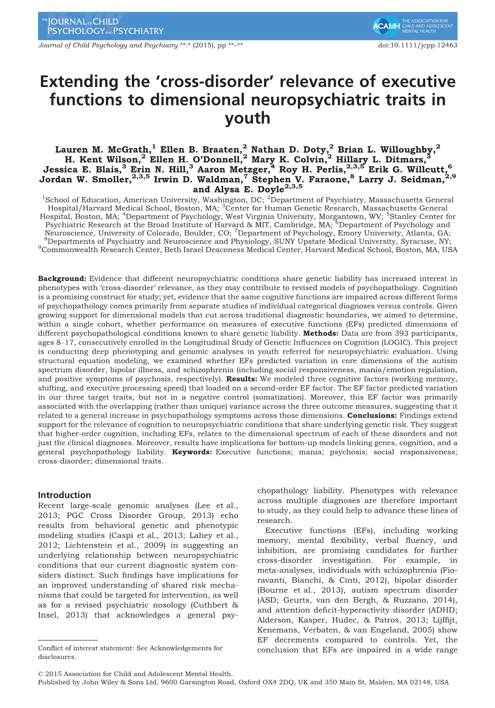 Relevance of Executive Functions to Dimensional Neuropsychiatric Traits in Youth