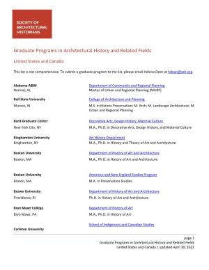 Graduate Programs in Architectural History and Related Fields