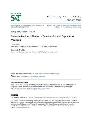 Characterization of Piedmont Residual Soil and Saprolite in Maryland