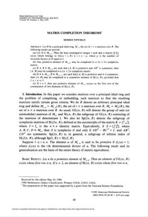 MATRIX COMPLETION THEOREMS1 SL(2«, R), Although Sp(2, R)