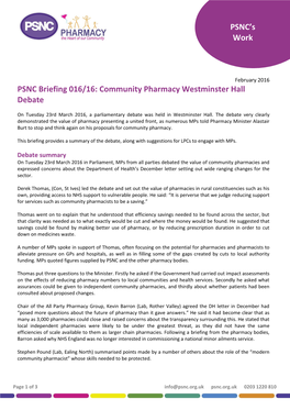 PSNC Briefing 016/16: Community Pharmacy Westminster Hall Debate