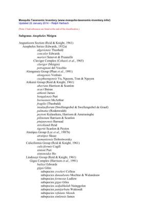 Subgenus Anopheles Meigen Angusticorn Section (Reid & Knight
