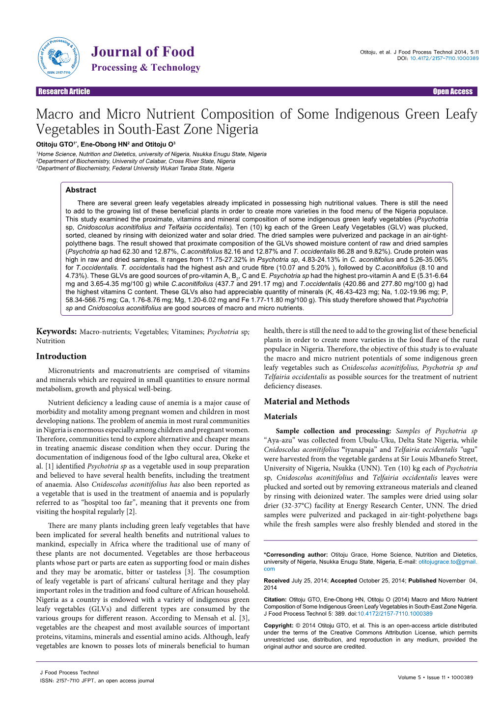 Macro and Micro Nutrient Composition of Some Indigenous Green Leafy