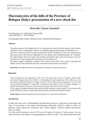 Macromycetes of the Hills of the Province of Bologna (Italy): Presentation of a New Check-List