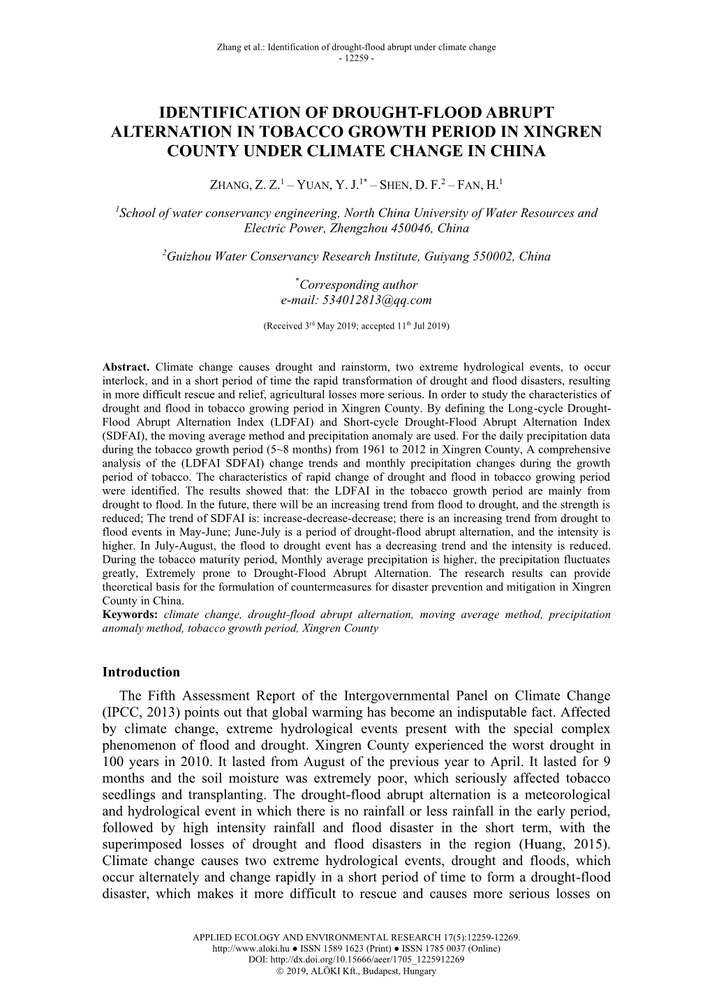 Identification of Drought-Flood Abrupt Alternation in Tobacco Growth Period in Xingren County Under Climate Change in China